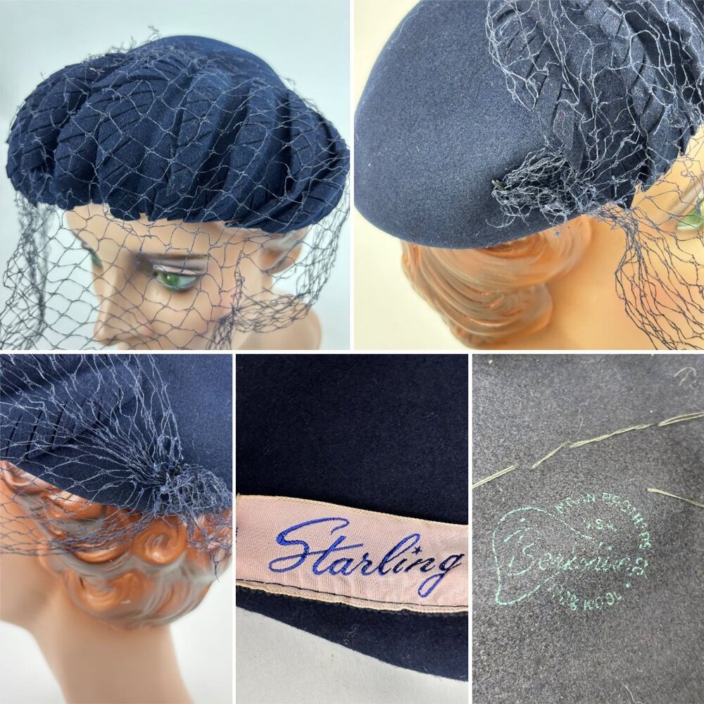 Vintage 50s Navy Hat Blue Veil Wool Scaled Calot Starling - Picture 10 of 11